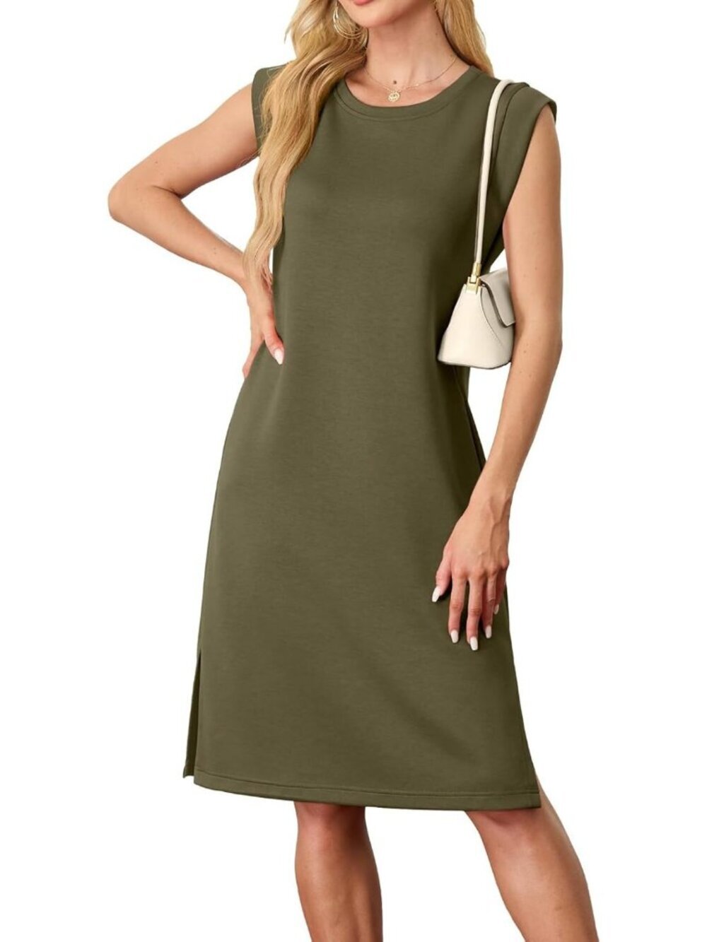 Women's Green Sleeveless Casual Loose Beach Crewneck Wrinkle-Free Midi Dress